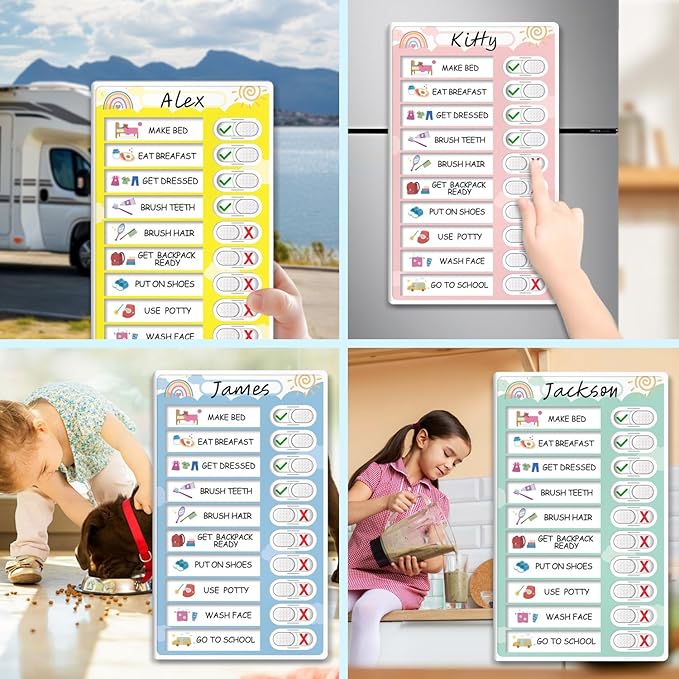 4 in 1 Namable Chore Chart for Kids, Dry Erase Morning/Bedtime Routine Chart for Kids for Refrigerator, Magnetic Visual Schedule for Kids Toddlers to Do List Checklist for Multiple Kids
