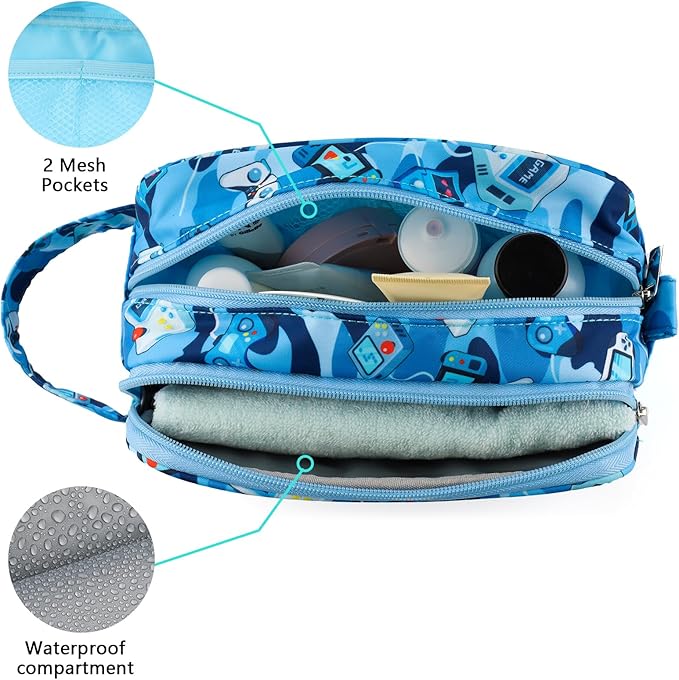 Kids Toiletry Bag for Boys, Travel Toiletry Bag for Little Young Boys Waterproof Hanging Wash Bag Toddler Traveling Toiletries, Games Camo Blue