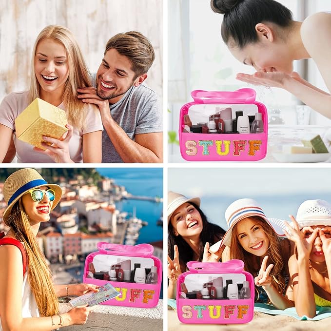 Chenille Letter Patch Stuff Bag, Preppy Clear Makeup Cosmetic Bag Large Toiletry Storage Tote Bag with Handle, Transparent Nylon Waterproof Organizer Zipper Pouch for Travel Women Girls(Rosered)