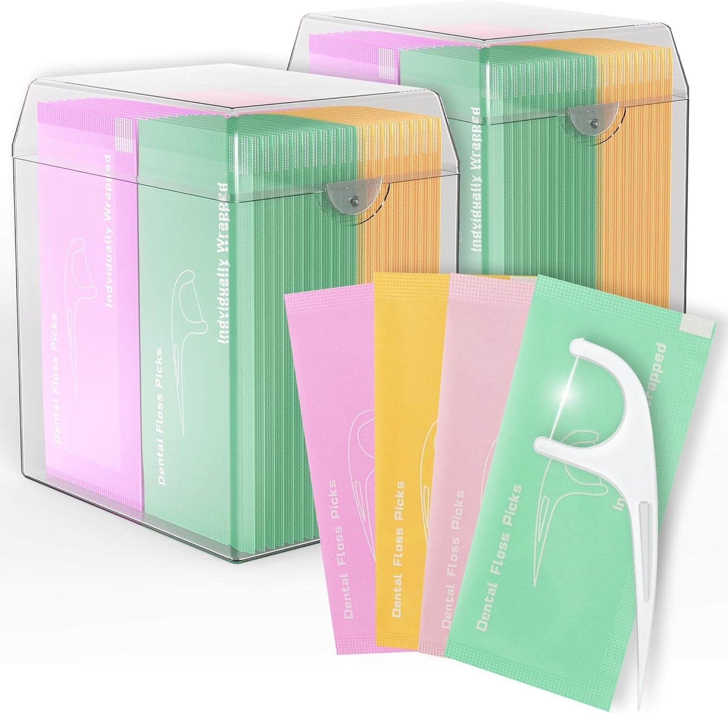 Individually Wrapped Floss Picks, Multi-Color Oral Care Flossers for Adults with Handy Case, Mini Disposable Dental Floss Singles Bag for Travel, Hotel, Restaurant, Office, Car, Wedding - 2Case