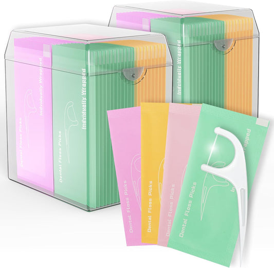 Individually Wrapped Floss Picks, Multi-Color Oral Care Flossers for Adults with Handy Case, Mini Disposable Dental Floss Singles Bag for Travel, Hotel, Restaurant, Office, Car, Wedding - 2Case