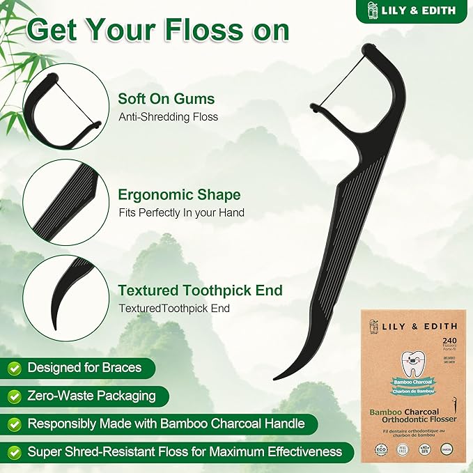 LILY & EDITH Orthodontic Flossers for Braces for Adult & Kid, 240 Count, Ortho Dental Floss Picks, Fluoride & Chemical Free, Fits Under Arch Wire, Bamboo Charcoal Flosser Remove Plaque, Unflavored