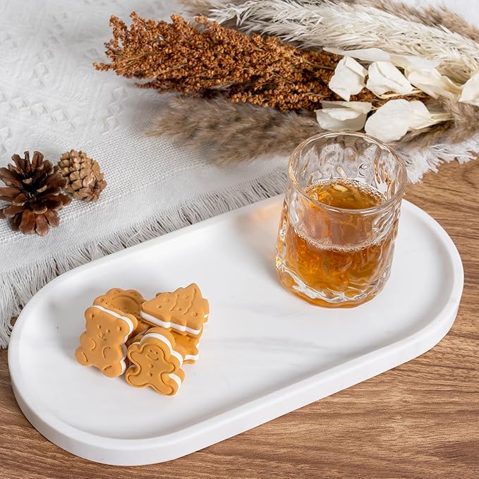 Koville White Marble Oval Tray for Bathroom Countertop, 10" x 5" Natural Marble Vanity Trays, Stone Perfume Organizer Tray for Decor, Jewelry Dish Perfume Trays for Dresser