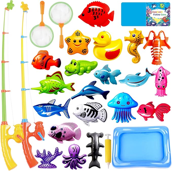 CozyBomB™ Magnetic Fishing Toys Game Set for Kids | Water Table Bathtub Kiddie Pool Party Pole Rod Net, Outdoor Plastic Floating Fish, Toddler Bath Color Ocean Sea Animals Birthday Gift Age 3-5 6 4-8
