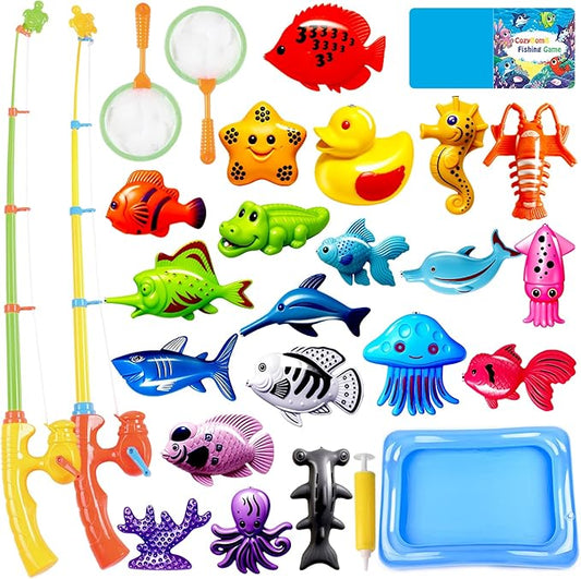 CozyBomB™ Magnetic Fishing Toys Game Set for Kids | Water Table Bathtub Kiddie Pool Party Pole Rod Net, Outdoor Plastic Floating Fish, Toddler Bath Color Ocean Sea Animals Birthday Gift Age 3-5 6 4-8