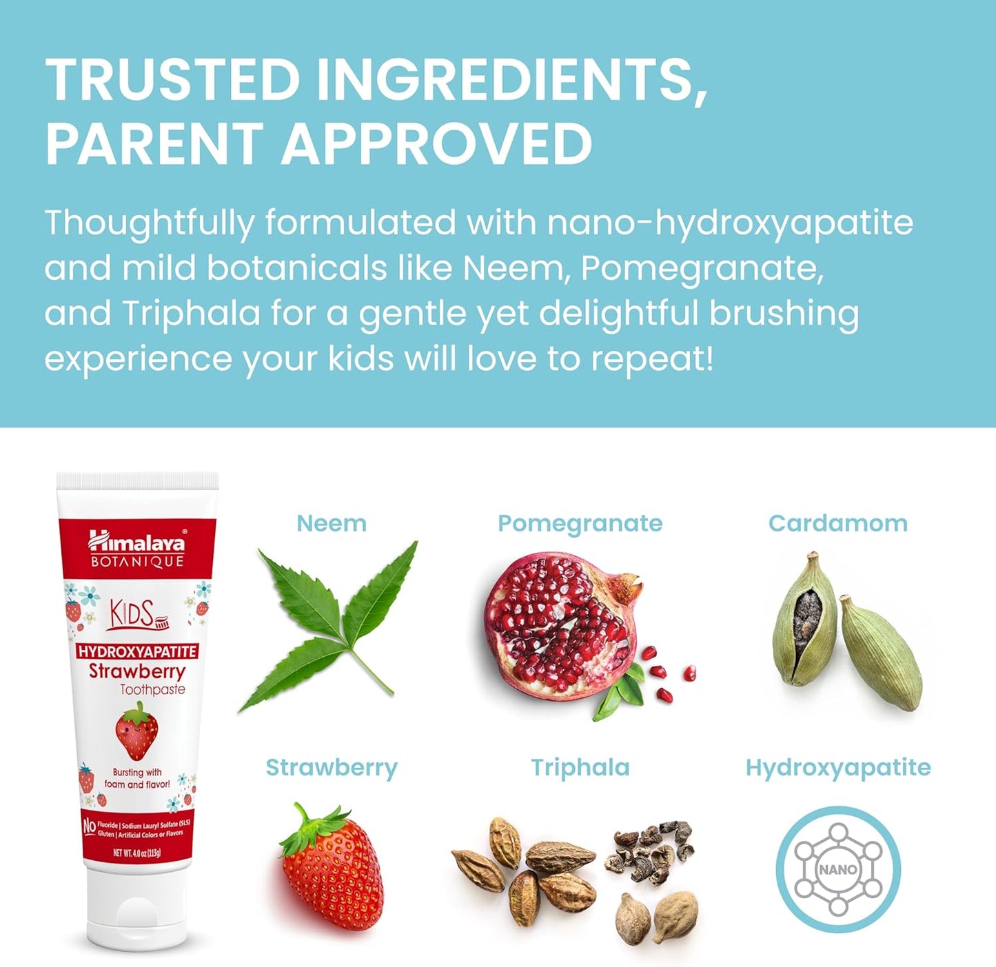 Himalaya Botanique Kids Hydroxyapatite Toothpaste, Strawberry Flavor - Nano Hydroxyapatite to Support Remineralization and Restore Enamel, Fluoride-Free, Vegan, Gluten Free, 4 oz