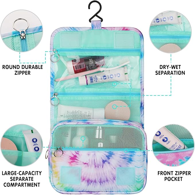 Kids Hanging Toiletry Bag for Girls, Travel Toiletry Bag for Teen Girls Tie Dye Cosmetic Makeup Waterproof Wash Bag Traveling Toiletries