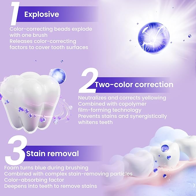 Purple Color Corrector & Whitening Toothpaste, Fluoride-Free for Sensitive Teeth, Deep Stain Remover to Eliminate Plaque & Freshen Breath, Enamel Safe (1)