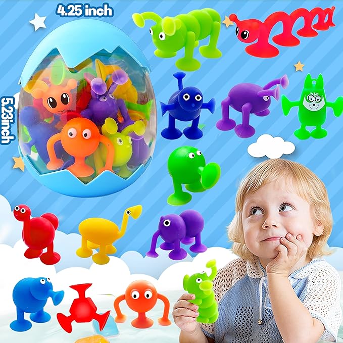 Suction Bath Toys for Kids Age 1-3 3-5, Suction Cup Bathtub Toy Mold Free Party Favor Goody Prize With Eggshell Storage Toddler Silicone Water Table Sensory Travel Window for 2 3 4 5 Year Old Boy Girl