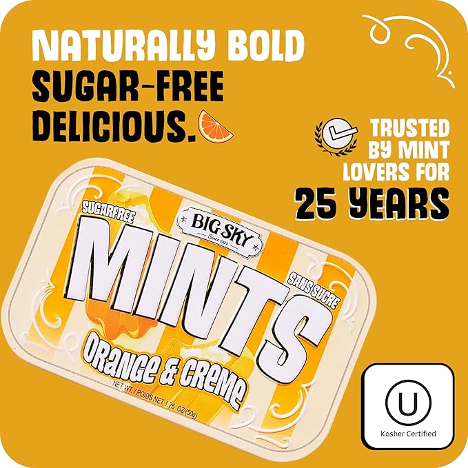 Big Sky Sugar Free Mints Orange & Cream | Sugarfree, No Artificial Colors or Flavors | Kosher Certified, Vegan, Gluten Free | Aspartame & Xylitol Free | 50 Count Tin (Pack of 6)