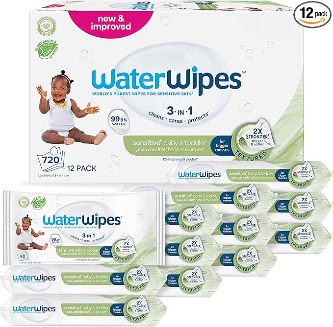 WaterWipes Sensitive+ Baby & Toddler Wipes, 3-In-1 Cleans, Cares, Protects, 99.9% Water, Textured Clean, Unscented & Hypoallergenic, 720 Count (12 Packs)