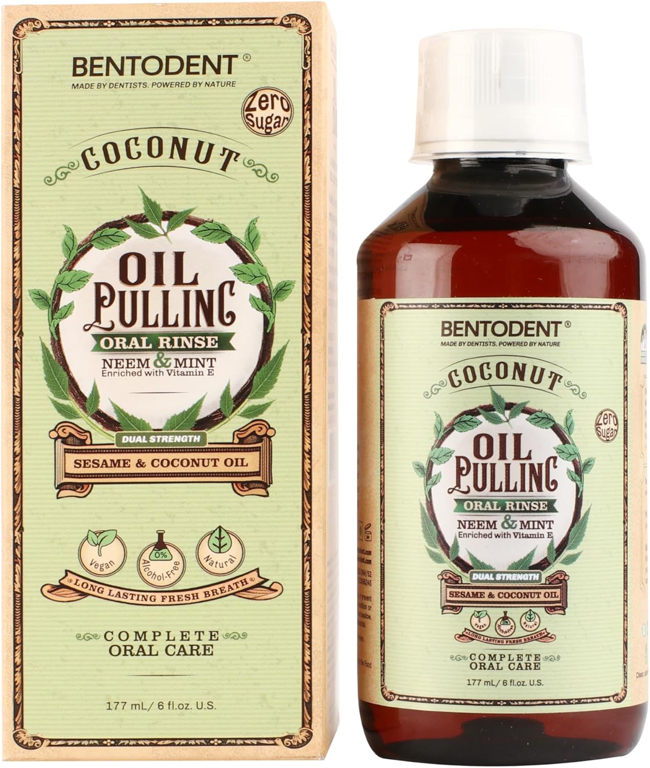 Bentodent Coconut Oil Pulling, Powerful Neem & Mint, Dual Strength of Sesame & Coconut Oil, Oil Pulling rinse for teeth & gums, Zero Sugar & No Alcohol mouthwash for Fresh Breath & Whitening,6 fl. oz.