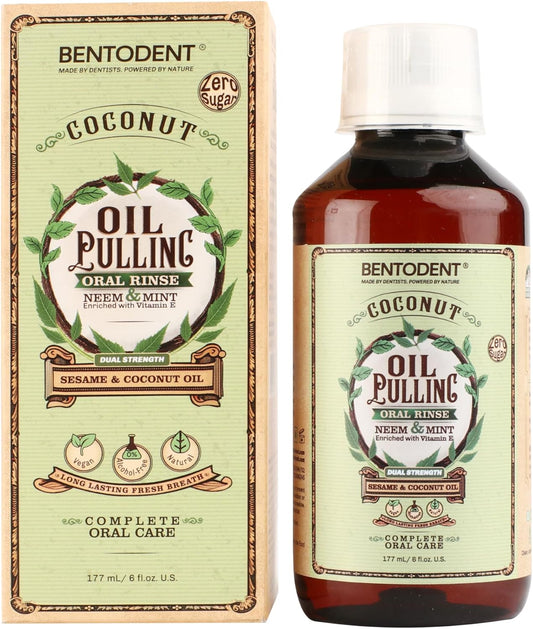 Bentodent Coconut Oil Pulling, Powerful Neem & Mint, Dual Strength of Sesame & Coconut Oil, Oil Pulling rinse for teeth & gums, Zero Sugar & No Alcohol mouthwash for Fresh Breath & Whitening,6 fl. oz.