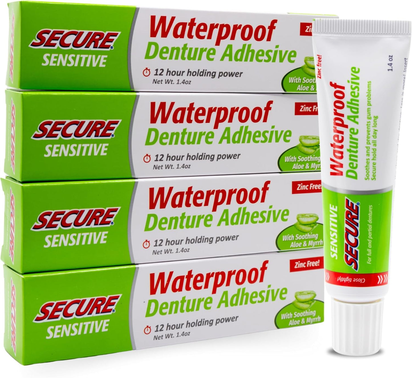 Secure Sensitive Gums Waterproof Denture Adhesive Zinc Free with Aloe Vera & Myrrh - Extra Strong 12 Hour Hold - 1.4 oz (Pack of 4)