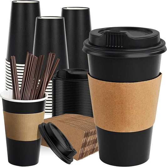 RACETOP 50 Pack 16 oz Coffee Cups with Lids, Black Disposable Coffee Cups with Lids, Sleeves and Stirring Sticks, Hot Paper Coffee Cup 16 oz for Hot Drinks, Parties, Picnic, Travel, and Events