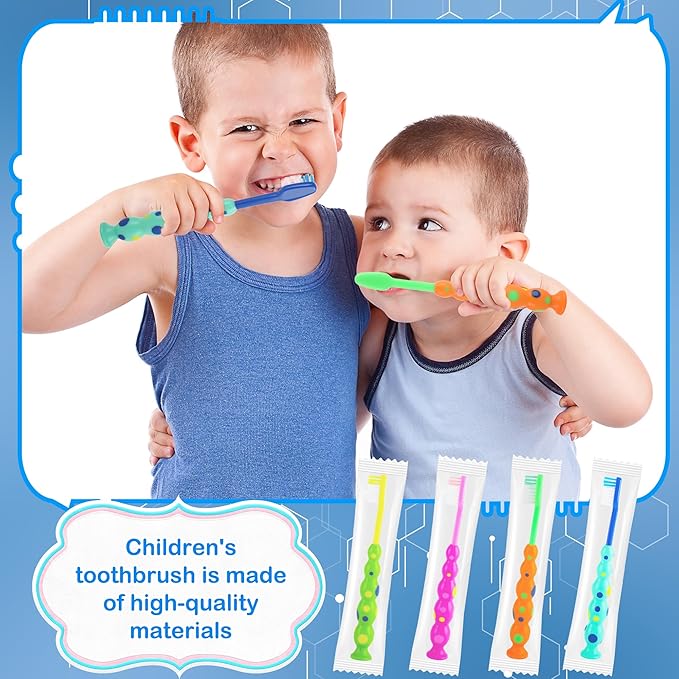 120 Pcs Student Toothbrush Bulk with Suction Cup Soft Bristles Individually Wrapped Lovely Multicolor Toothbrushes for Christmas Gift Boys Girls Home School Travel, 4 Colors