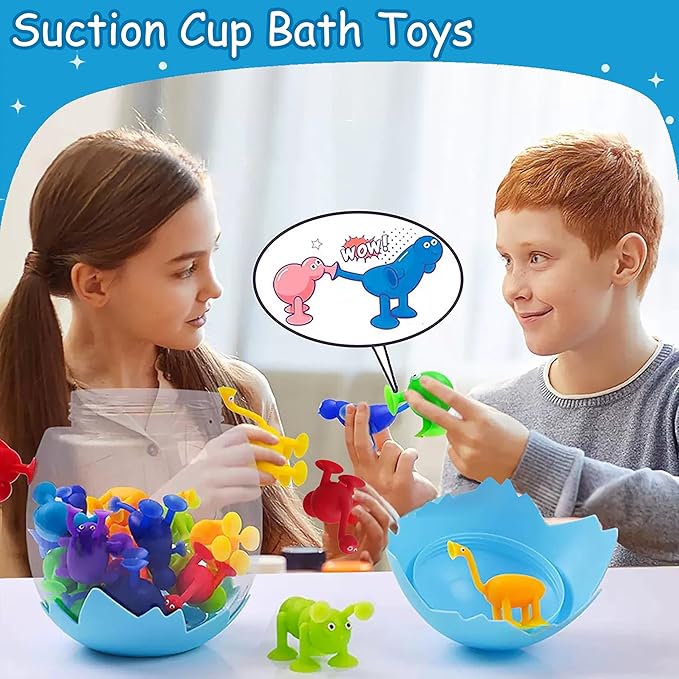 Suction Bath Toys for Kids Age 1-3 3-5, Suction Cup Bathtub Toy Mold Free Party Favor Goody Prize With Eggshell Storage Toddler Silicone Water Table Sensory Travel Window for 2 3 4 5 Year Old Boy Girl