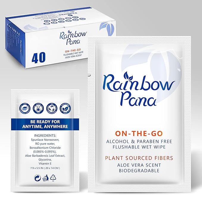 RainbowPana Flushable Wipes, 40 Count, ON-THE-GO Individually Wrapped - Butt Wipes for Women and Men, Travel Wipes for Family - Infused with Vitamin E and Natural Aloe, pH Balanced