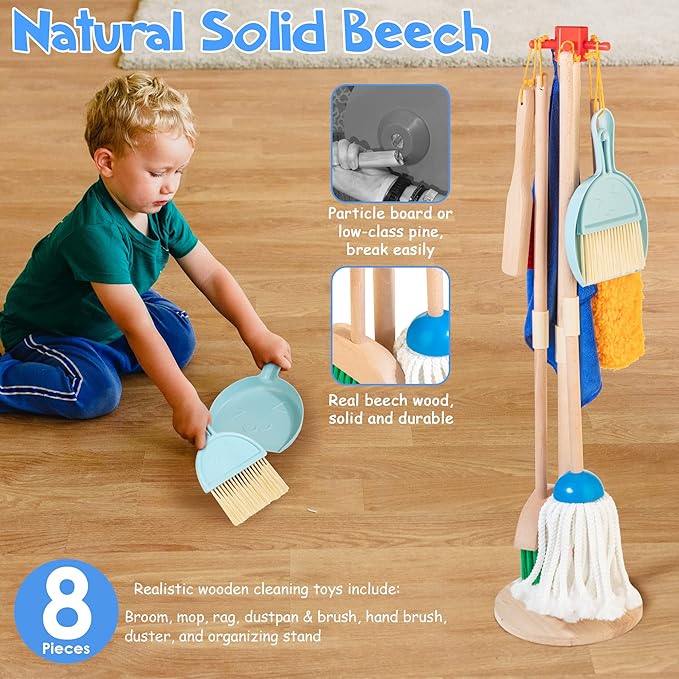 Wooden Kids Cleaning Set for Toddlers,8 Pieces Montessori Cleaning Toys with Kids Broom and Mop Set, Housework Pretend Play Toy Gift for Boys Girls Ages 3+