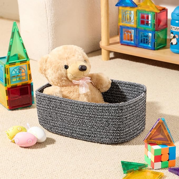 Small Storage Baskets for Organizing | Closet Organizer Bins | Shelf Toy Basket | Woven Rope Baskets | Cube Decorative Box | Shallow Basket | 11.5x7.5x4.7” | 4 Packs Dark Gray