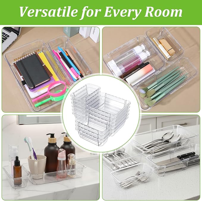 15-Piece Extendable Drawer Organizer Set, 2-Size Adjustable Clear Plastic Storage Bins for Bathroom Vanity, Makeup, Kitchen Utensils & Office Supplies