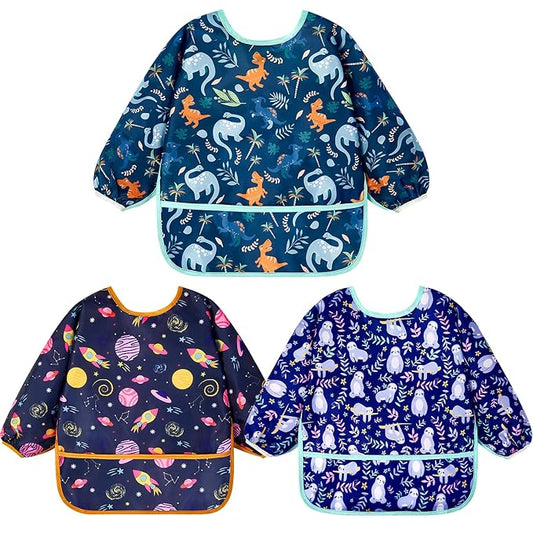 Lictin 3 Packs Baby Bibs for Boy or Girl, Cute Long Sleeve Bib, Waterproof Bibs for Toddlers,Adjustable Closure Baby Smock, Mess Proof Baby Bib, 6-24 Months Reusable Infant Baby Bibs