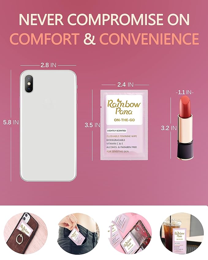 RainbowPana Feminine Wipes, 120 Count ON-THE-GO Individually Wrapped | Flushable Wipes, Travel Wipes for Women, Pre/Post-Intimacy Cleansing | Aloe, Portulaca, Vitamin E | pH Balanced, Biodegradable