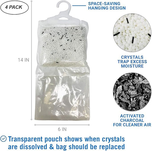 4 Pack Moisture Absorber Hanging Bags, Boat Dehumidifier with Charcoal, Unscented, Removes Dampness and Musty Odors, Ideal for Basement, Closet, Home, Car, RV, and Boating