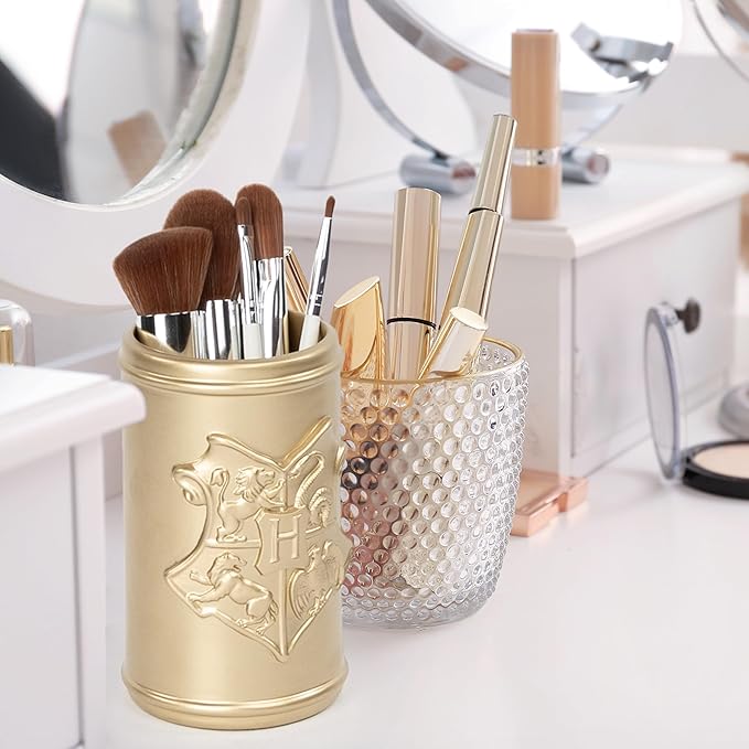 Jay Franco Harry Potter Bathroom Tumbler - Gold Resin Toothbrush/Pen Holder Features Hogwarts Crest - Bathroom Décor