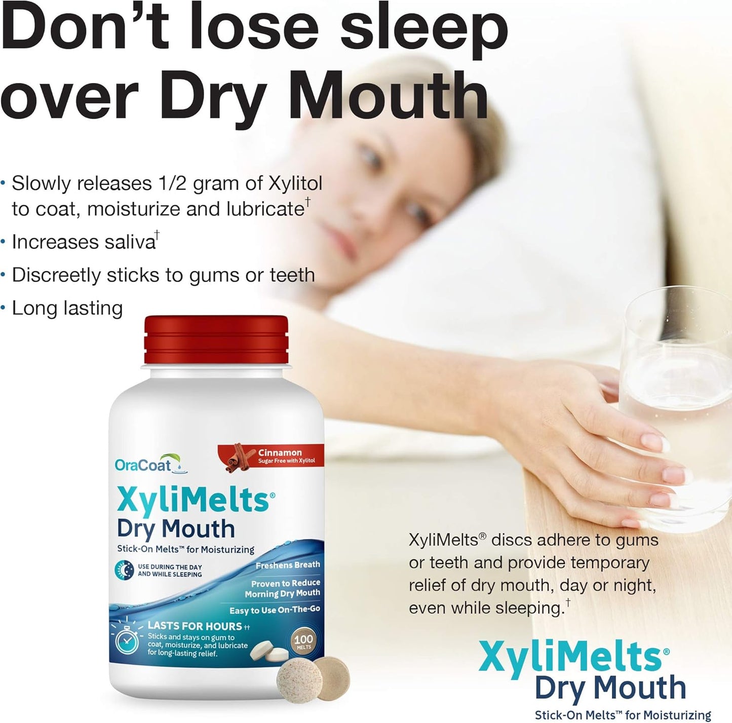 Oracoat XyliMelts for Dry Mouth Night Time or Day - Moisturizing Dry Mouth Adhering Discs, Sugar Free with Xylitol, 100 Count, Cinnamon, 8-Hour Relief