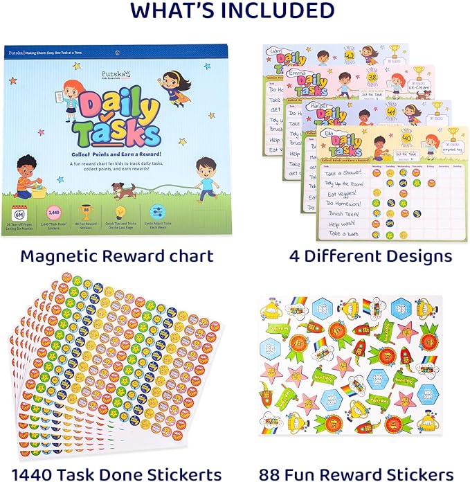 PUTSKA Behavior Reward Chart for Kids – Includes 26 Chore Charts & 1528 Stickers – Magnetic Chore Chart for Multiple Kids at Home to Build Responsibility & Positive Habits (Reward Chart)