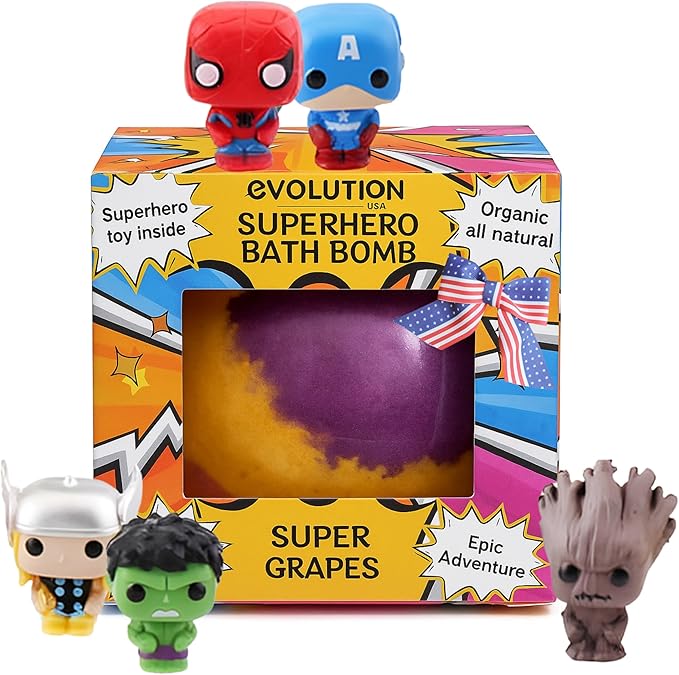 EvolutionUSA 1pc Epic Superhero Bath Bombs for Kids, Super Hero Bath Bomb with Toy Inside, Lush Childrens Bathbomb, Organic Bathbomb with Surprise Inside, Fizzy Fun Superhero Bath Ball Bath Toy