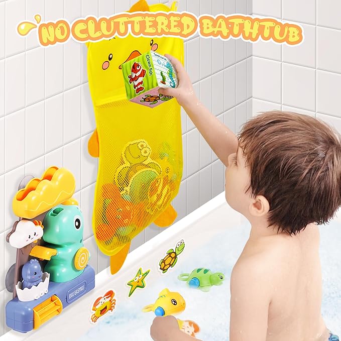 EKU Dinosaur Bath Toys for Kids Toddlers Age 18months+ Interactive Floating Sea Animal Dice Mold Free Fishing Game Water Play Bath Time Bathtub Storage Bag Girl Boy Baby Infant