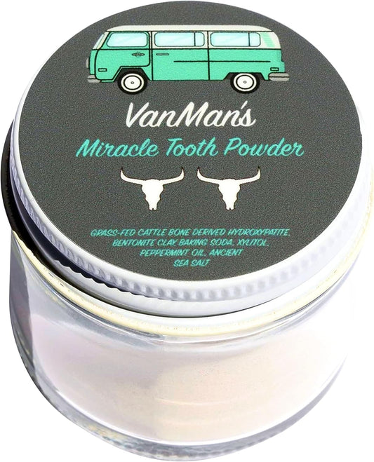 Vanman’s - Mint and Bone Tooth Powder Toothpaste - Remineralizing Tooth Powder with Cattle Bone Derived Hydroxyapatite, Bentonite Clay, Peppermint Oil and Baking Soda - 2.2 oz