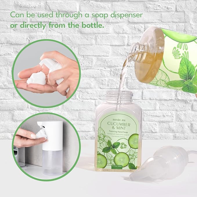 ROMIIE ZOI Foaming Hand Soap Refill Gift Set – 3 Pack (1000ML Each) with Dispenser – Cucumber & Mint Scent – Gentle & Moisturizing Plant-Based Formula – Bulk Refill Bottles for Bathroom & Kitchen Use
