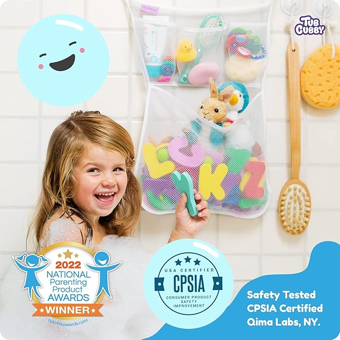 Tub Cubby Bath Toy Storage Organizer | 14"x20" Mesh Shower Caddy | Suction Cup & Adhesive Hooks | Toy Storage Net Organizer | Kids Bathroom Decor, Bedroom & More | Extra Hooks