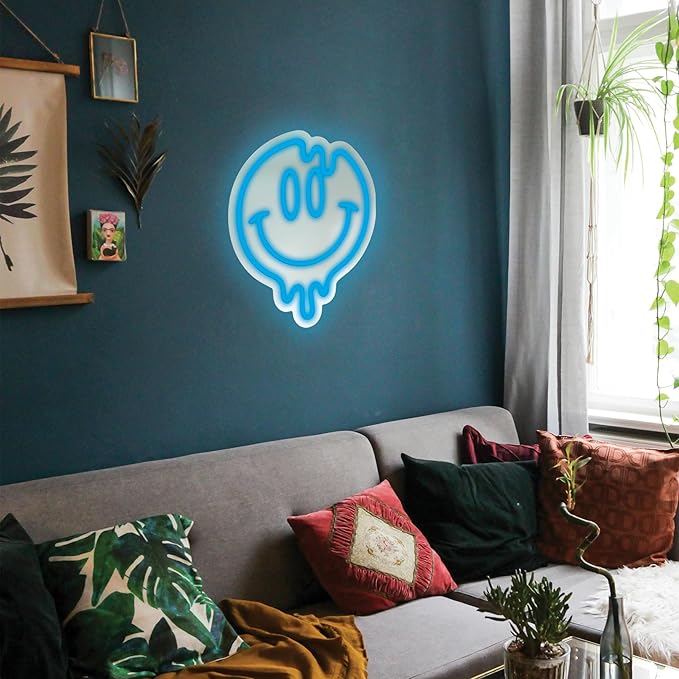 Smiley Face Neon Sign, LED Mirror Wall Light, Melting Smiley Face Decor for Girls, Cool Large Neon Sign for Room or Wall Decoration