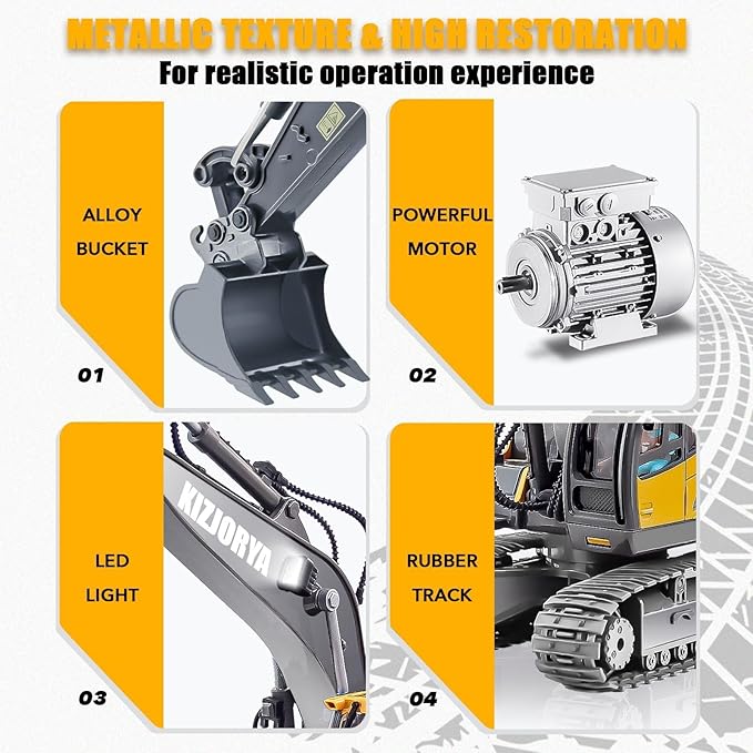 Remote Control Excavator, Toys for Boys Age 6-12, Rechargeable 11 CH RC Construction Vehicles Truck with Sound Light Metal Shovel, Birthday for Kids 7 8 9 10+ Year Old(2.4 GHz)