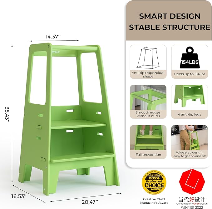 AVDAR Toddler Standing Tower Wooden Toddler Stool for Kitchen Adjustable, Winner 2023 of Contemporary Good Design, Montessori Kitchen Tools