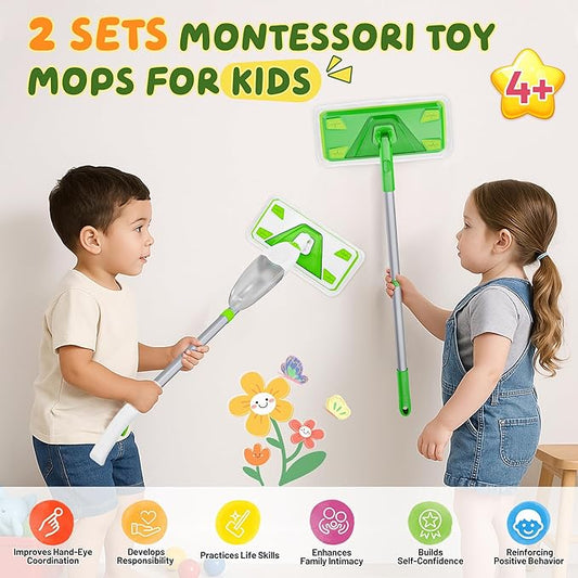 2-Set Toy Mop for Kids - Toddler Real Spray Mop and Flat Floor Mop Montessori Cleaning Toy Set, Educational and Fun Gifts for Boys and Girls Ages 4+