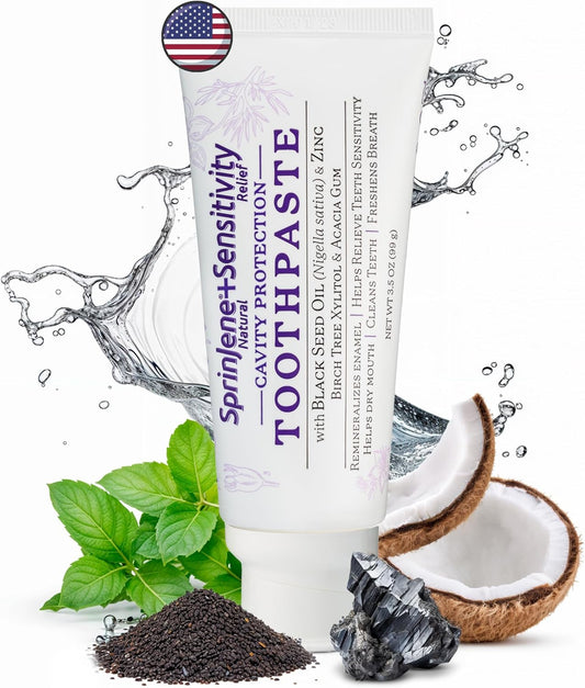 SprinJene Natural Sensitivity Relief Toothpaste – Fluoride Toothpaste for Sensitive Teeth & Cavity Protection – SLS Free with Patented Black Seed Oil & Zinc – Made in The USA (1 Pack)