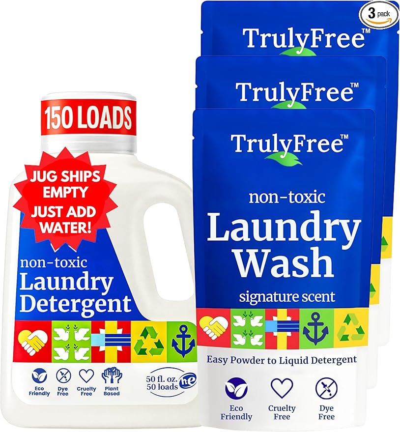Truly Free Natural Laundry Detergent for Sensitive Skin | Eco Friendly, Plant Based, Baby Clothes Safe | Clean & Easy Powder to Liquid, 3 Pack Detergent + 1 Refillable Jug | Signature Scent 150 Loads