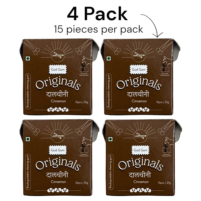 Gud Gum- Natural, Plastic Free Chewing Gum- Clove, Cardamom, Fennel, Cinnamon- 21g x 4 - Mini Pack of 4- No added artificial colours, flavours & sweeteners (Pack of 4, Cinnamon)