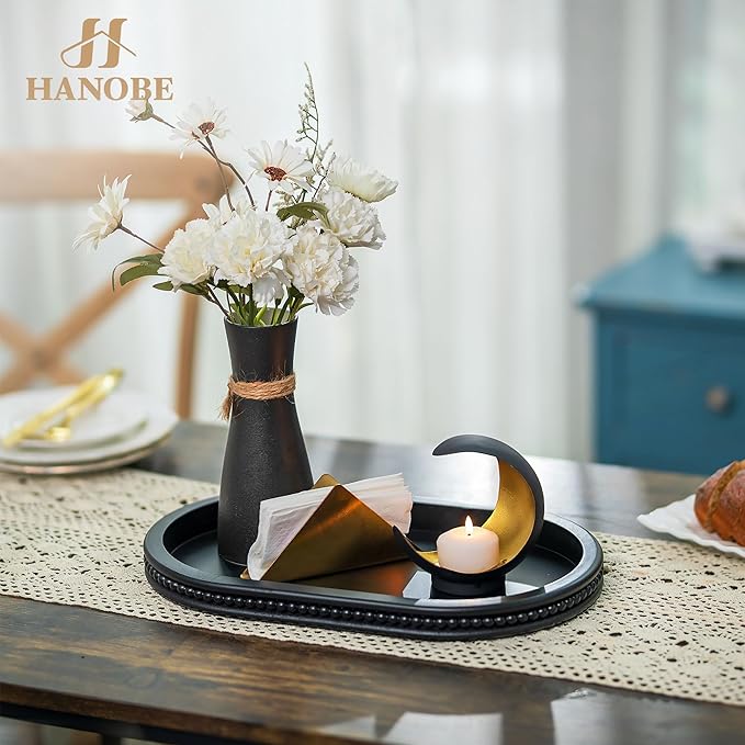 Hanobe Decorative Trays for Coffee Table : Black Oval Centerpiece Tray Wood for Farmhouse Entry Table Decor Round Bathroom Tray for Living Room Kitchen Counter