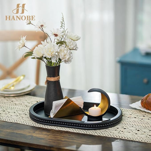 Hanobe Decorative Trays for Coffee Table : Black Oval Centerpiece Tray Wood for Farmhouse Entry Table Decor Round Bathroom Tray for Living Room Kitchen Counter