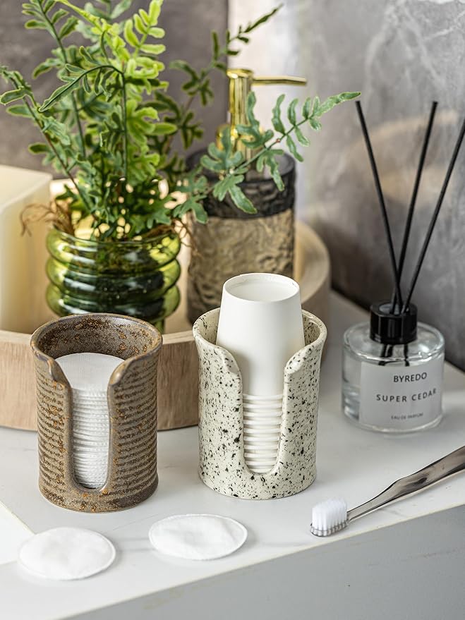 Bathroom Cup Dispenser 3 Oz, Bathroom Cup Holder for Dixie Cups Mouthwash Cup Dispenser, Small Paper Cups Holder for Bathroom Countertop, Ceramic, Speckled White