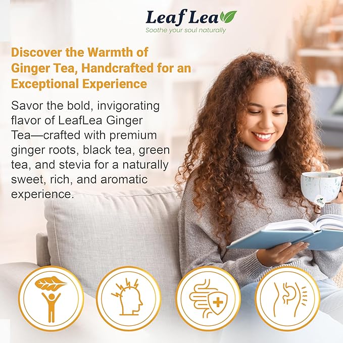 LeafLea Ginger Green Tea, 40 Individually Wrapped Tea Bags of Soothing Green Tea Blend with Natural Ginger Root, Sweetened with Stevia, Supports Digestion and Immunity, Low Caffeine, Sugar-Free