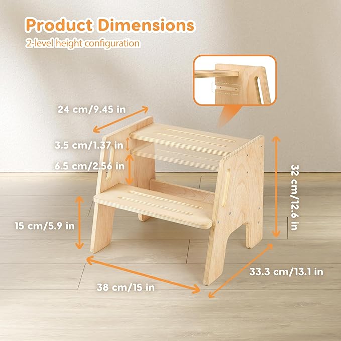 Toddler Step Stool, Wooden Stepping Stool for Kids, 2 Step Stool with Adjustable Height, Potty Training Stool with Handles Pads for Bathroom Sink, Kitchen, Bedroom