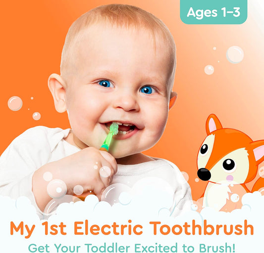 Brusheez Little Toddlers’ Sonic Toothbrush - Safe & Gentle Toothbrush for Ages 1-3 with Built-in, Light-Up 2-Minute Timer, Extra Brush Head, & Storage Base for First-Time Brushers (Fuzzy The Fox)