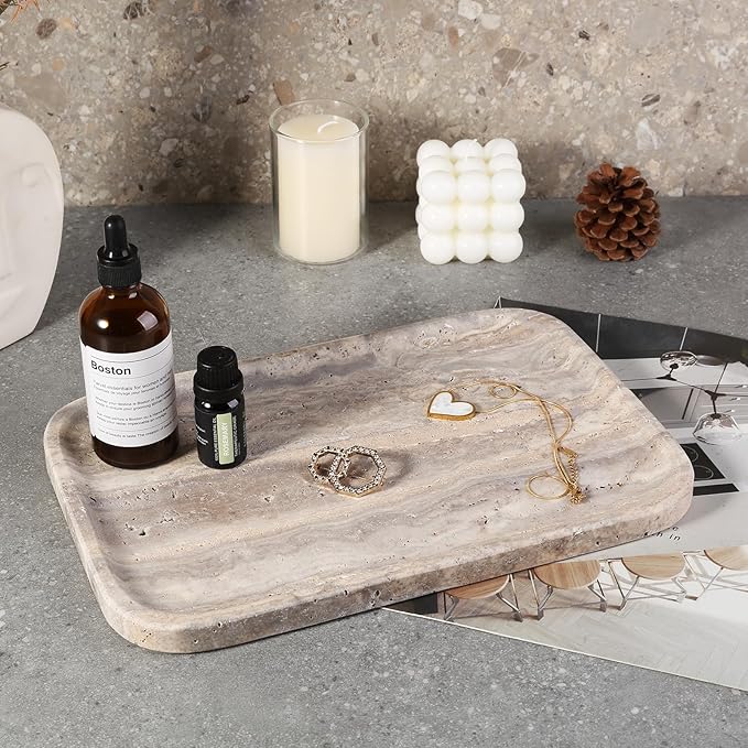Marble Vanity Trays, Travertine Bathroom Tray, Decorative Tray for Dresser Countertop, Grey Stone Serving Holder for Kitchen, Storage Trays for Perfume, Jewelry Candle Organizer